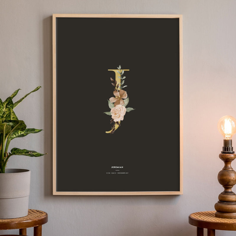 Birth Poster, Floral Letter - Dark - Made of Sundays