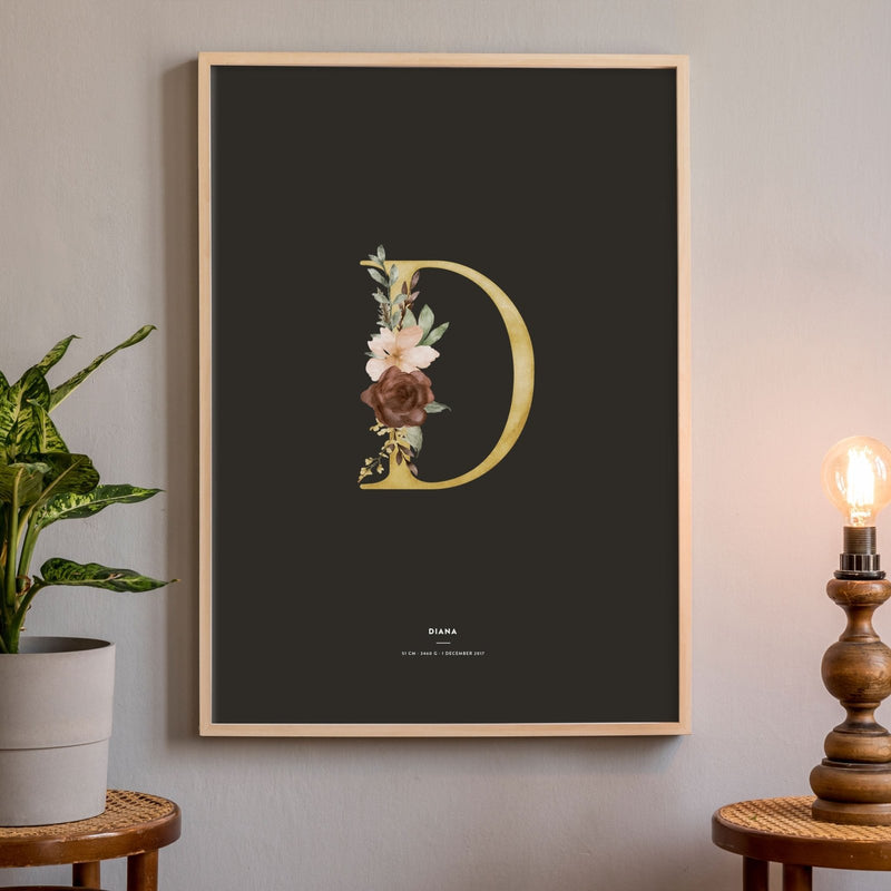 Birth Poster, Floral Letter - Dark - Made of Sundays