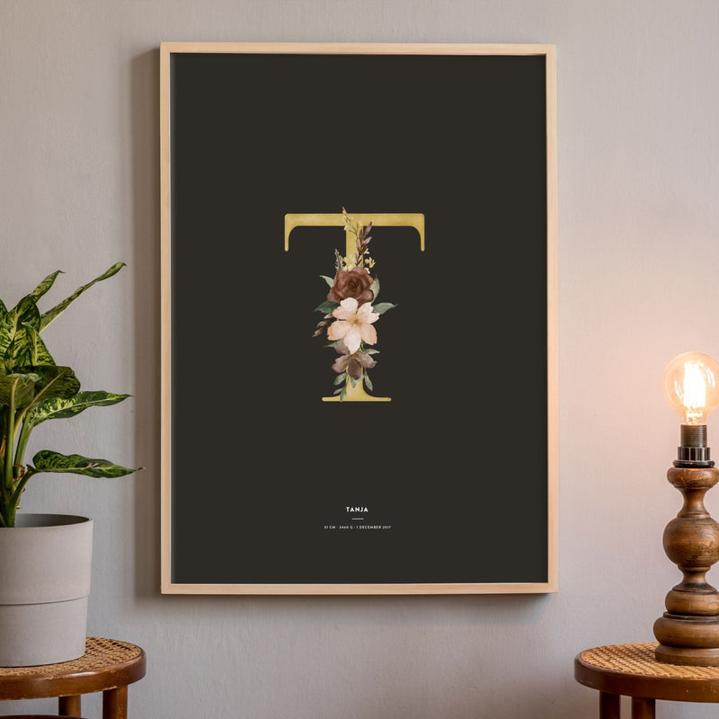 Birth Poster, Floral Letter - Dark - Made of Sundays