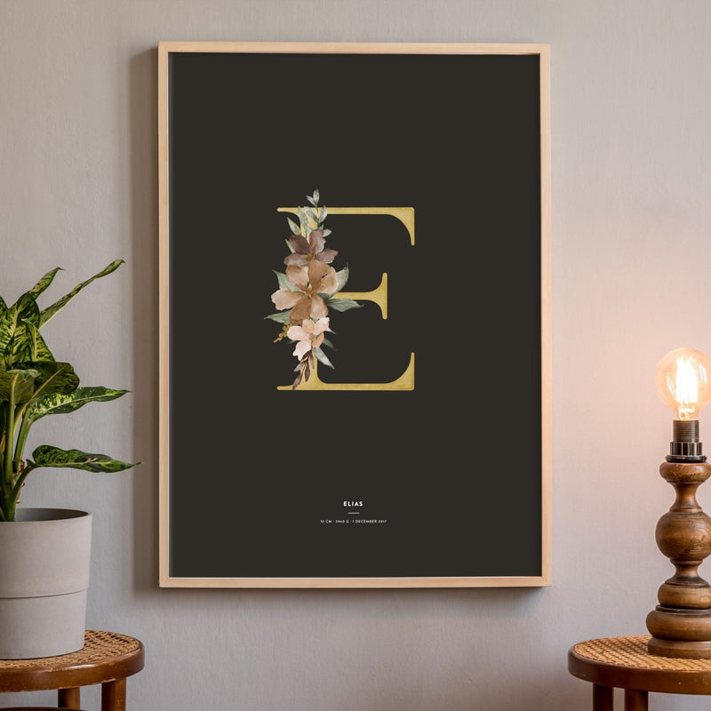 Birth Poster, Floral Letter - Dark - Made of Sundays