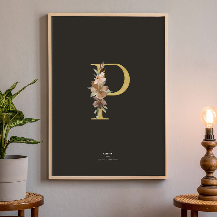 Birth Poster, Floral Letter - Dark - Made of Sundays