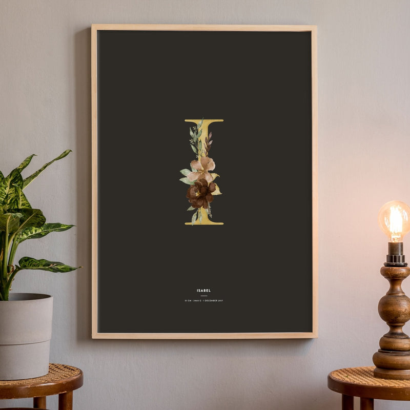 Birth Poster, Floral Letter - Dark - Made of Sundays