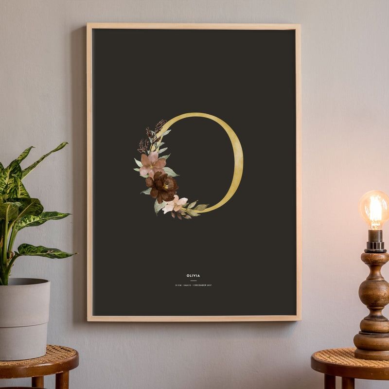 Birth Poster, Floral Letter - Dark - Made of Sundays