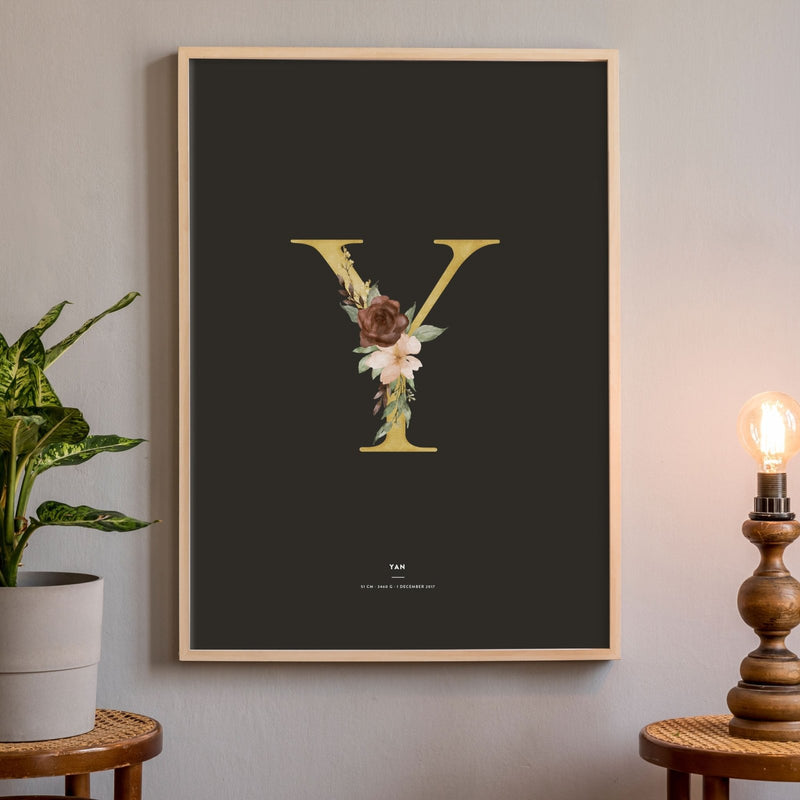 Birth Poster, Floral Letter - Dark - Made of Sundays