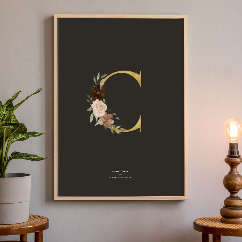 Birth Poster, Floral Letter - Dark - Made of Sundays