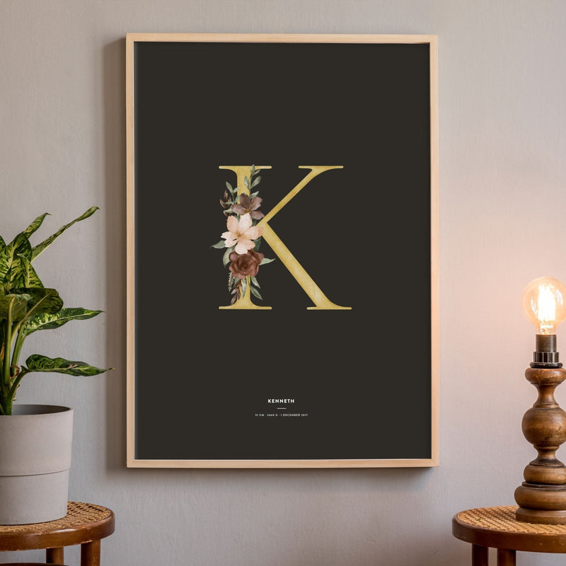Birth Poster, Floral Letter - Dark - Made of Sundays
