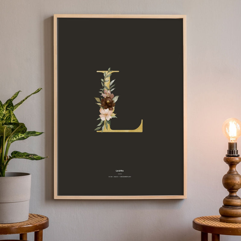 Birth Poster, Floral Letter - Dark - Made of Sundays