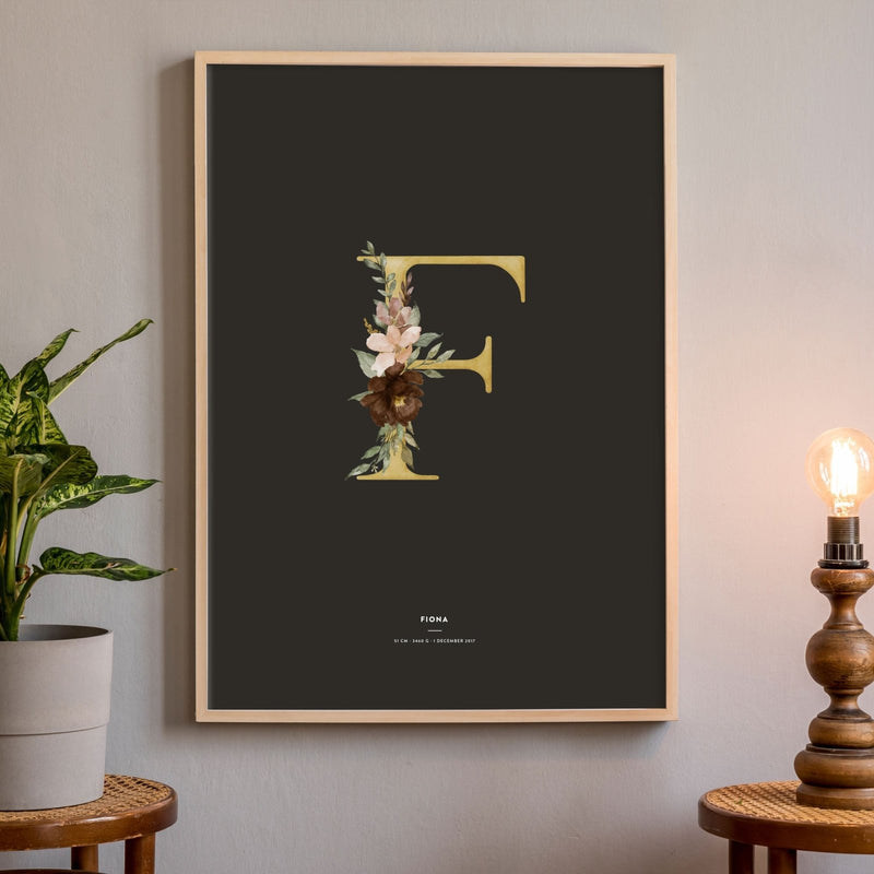 Birth Poster, Floral Letter - Dark - Made of Sundays