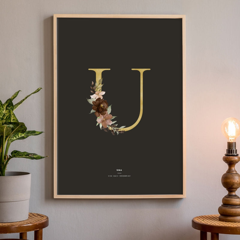 Birth Poster, Floral Letter - Dark - Made of Sundays