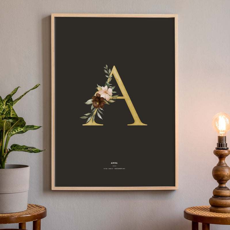 Birth Poster, Floral Letter - Dark - Made of Sundays