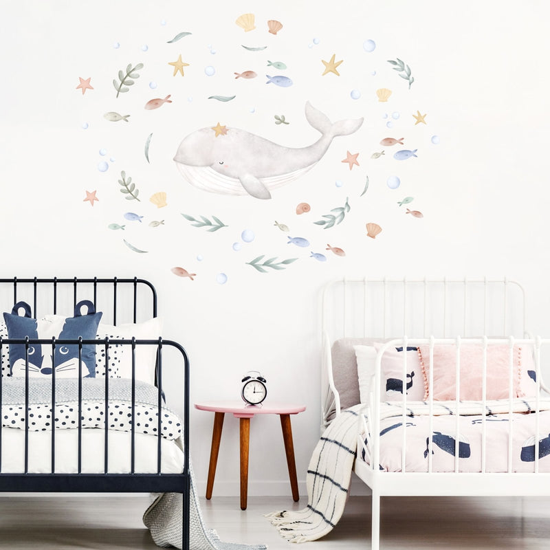 Dreamy Grey Whale & Fishes Wall Stickers