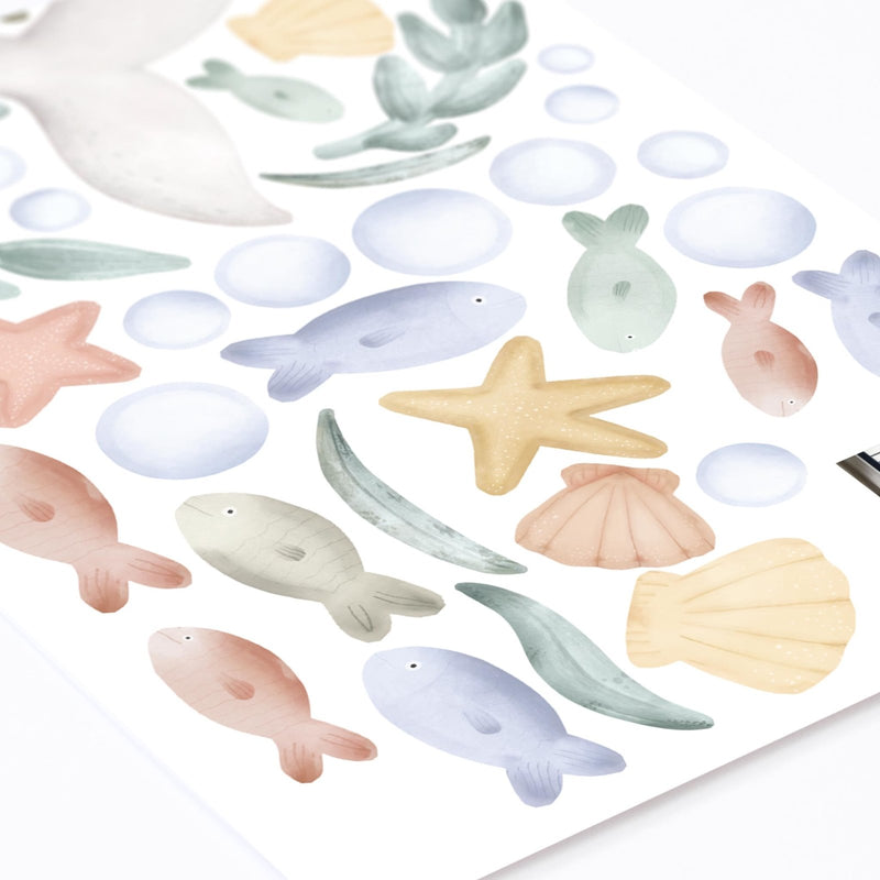 Dreamy Grey Whale & Fishes Wall Stickers