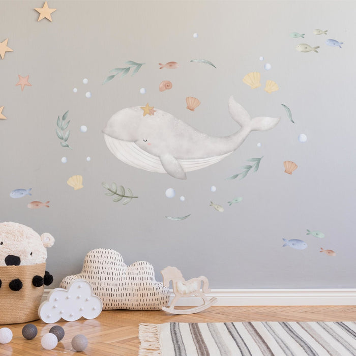 Dreamy Grey Whale & Fishes Wall Stickers