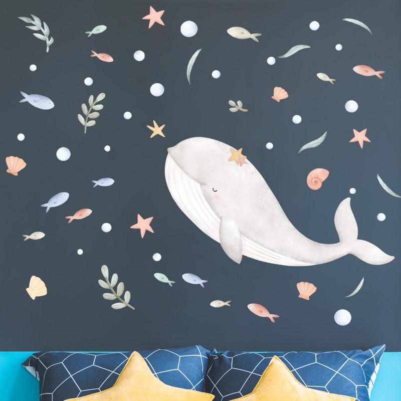 Dreamy Grey Whale & Fishes Wall Stickers