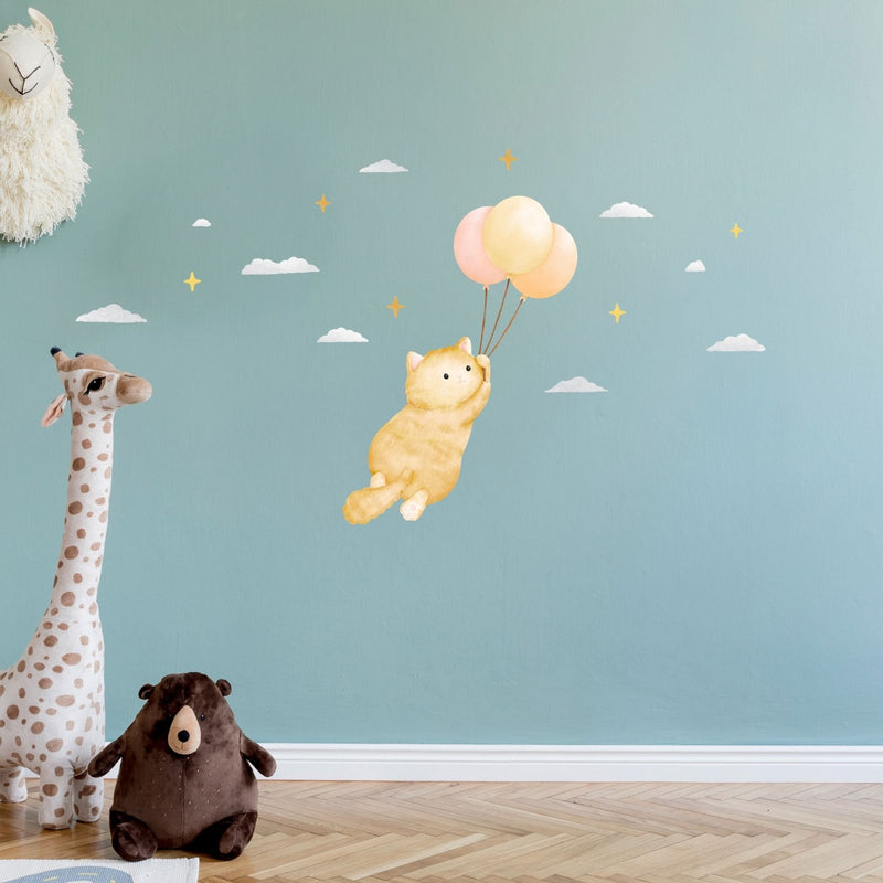 Chat roux et ballons - Sticker mural