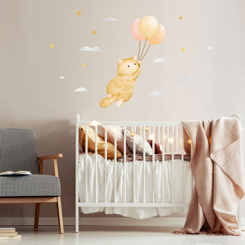 Chat roux et ballons - Sticker mural