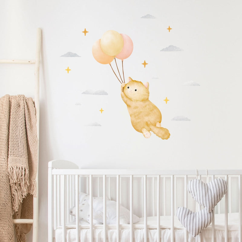 Chat roux et ballons - Sticker mural