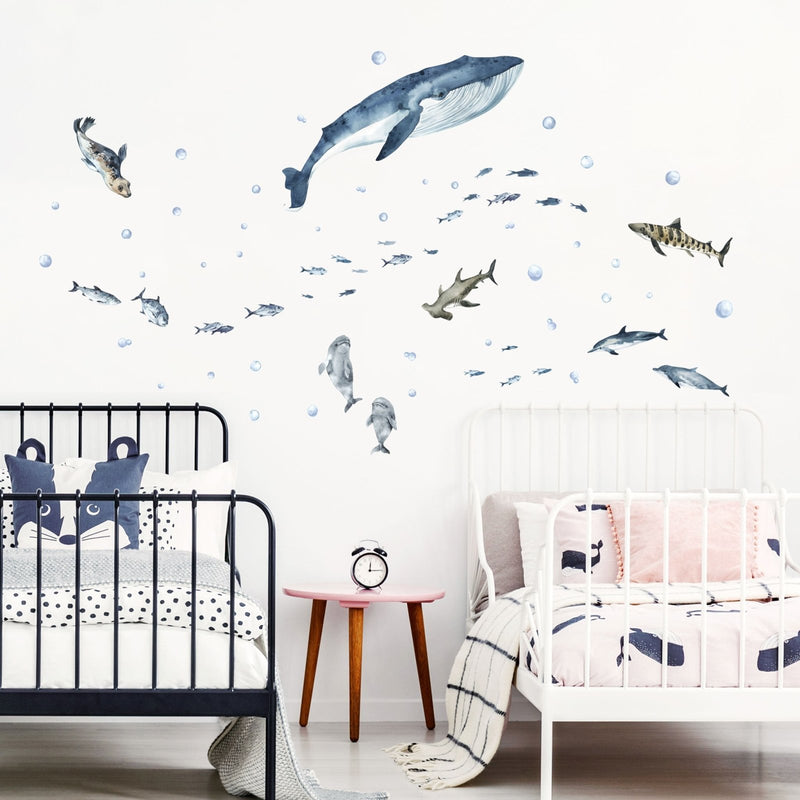 Autocollants Muraux Vie Marine Baleine, Dauphins & Requins