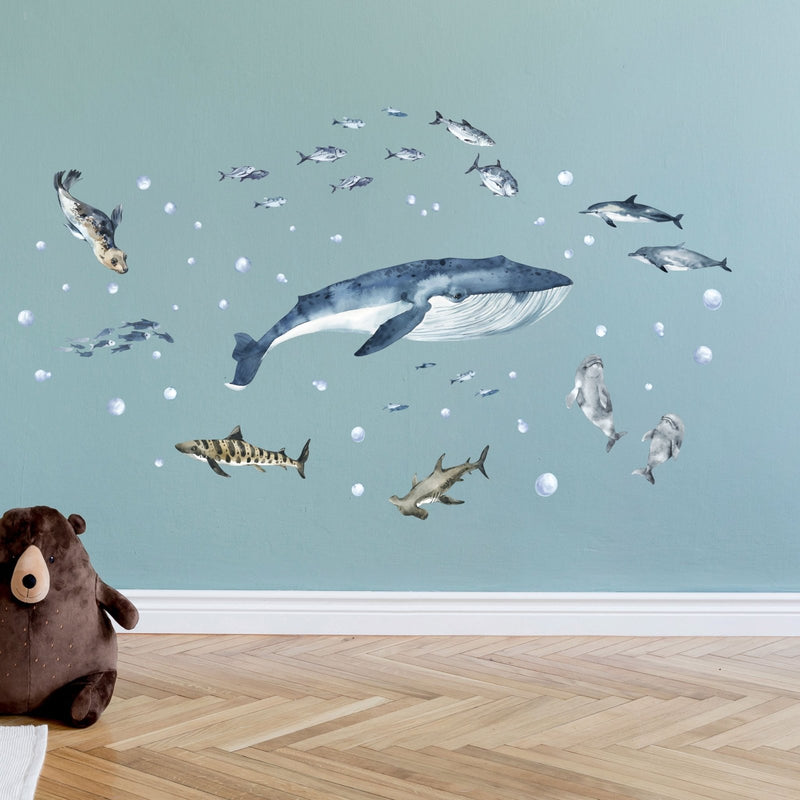 Autocollants Muraux Vie Marine Baleine, Dauphins & Requins