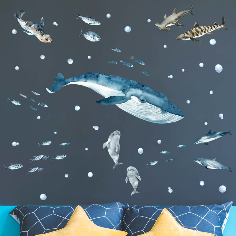 Autocollants Muraux Vie Marine Baleine, Dauphins & Requins
