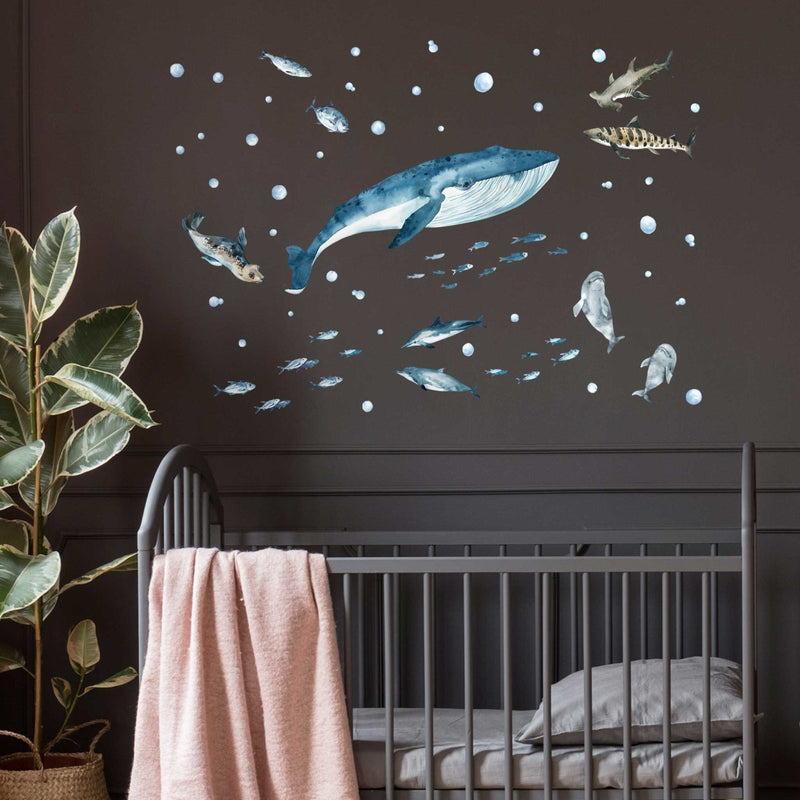 Autocollants Muraux Vie Marine Baleine, Dauphins & Requins
