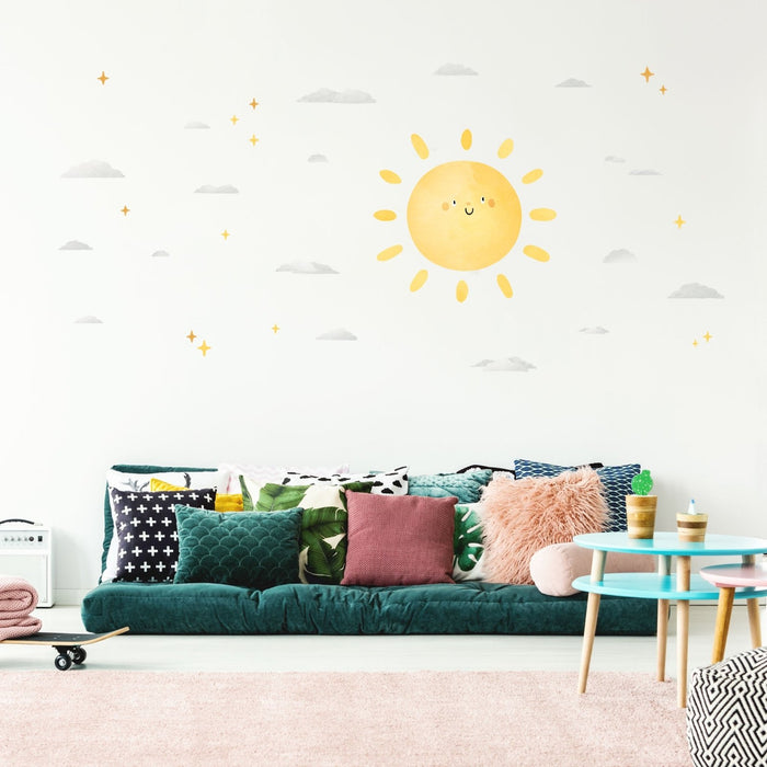 Autocollant Mural Soleil – Lot De 2, Dimensions 32x31 Cm, PVC Amovible Sans Résidu – Déco Chambre, Salon, Salle De Jeux